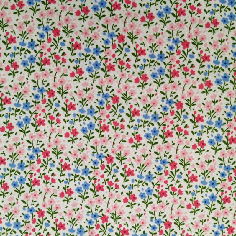 Small Sky Blue & Pink Floral on White Polycotton